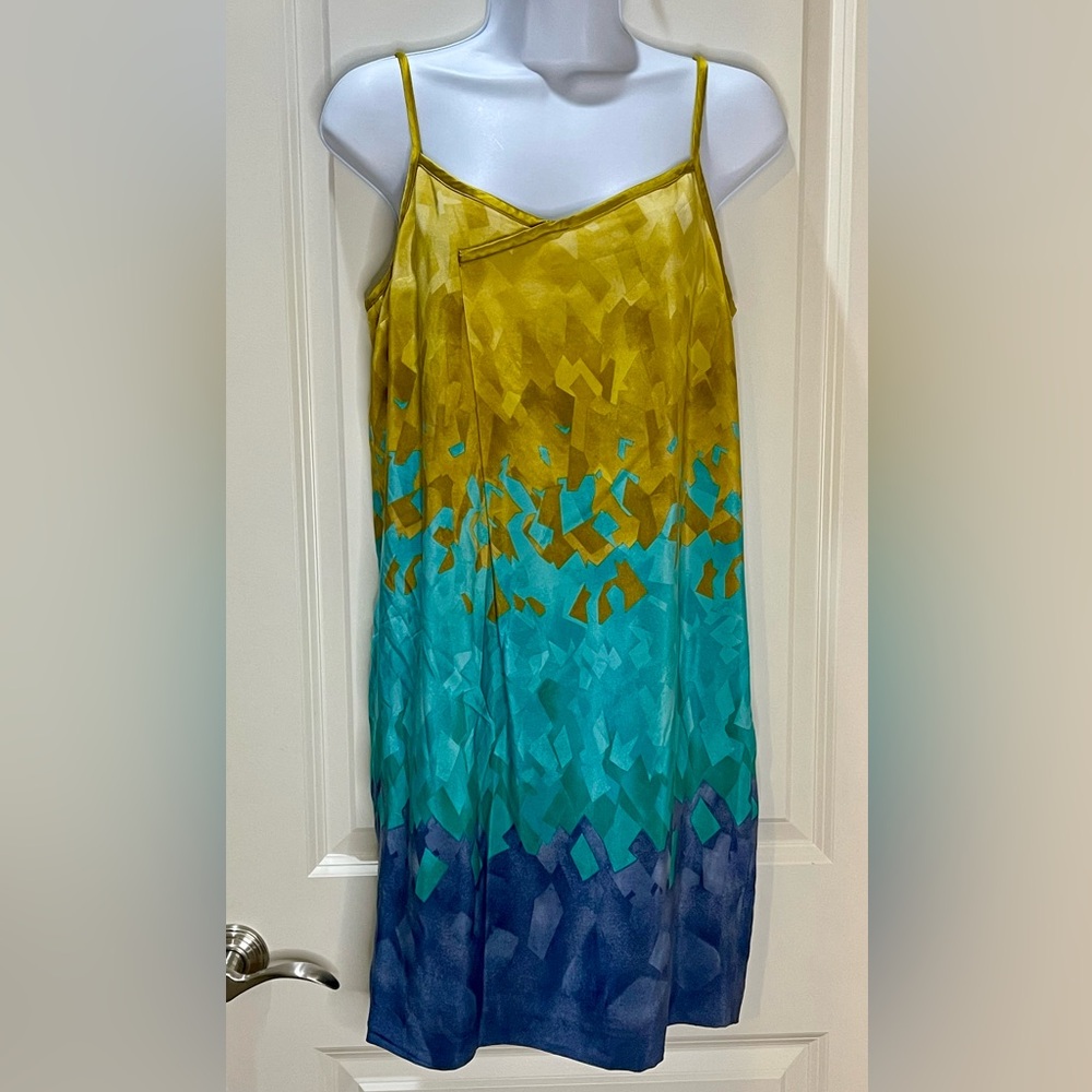Nine West 100% Silk Blue & Gold Mini Dress with Spaghetti Straps Size 4